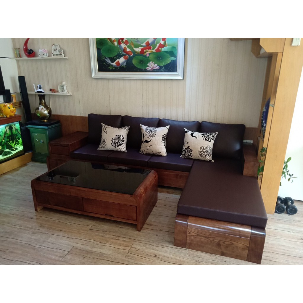 SOFA GỖ SỒI 2M7X1M9 MÀU ÓC CHÓ MS:02