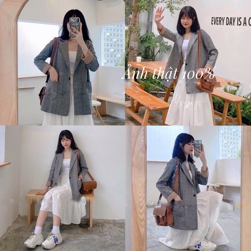 Áo khoác Blazer dạ kẻ 2 lớp ulzzang Hàn Quốc hottrend | BigBuy360 - bigbuy360.vn