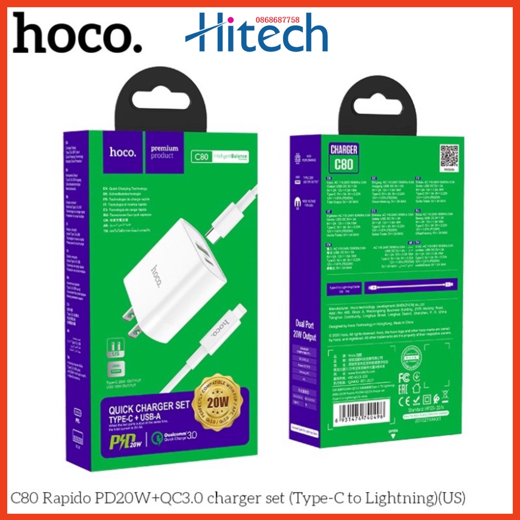 Bộ sạc nhanh 20W chĩnh hãng hoco 2 cổng sạc C80/C80A - Bảo hành 06 tháng
