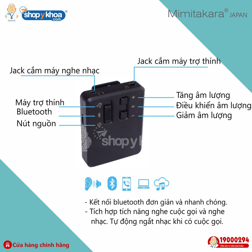 Máy Trợ Thính 2 Tai Nghe, Bluetooth, Pin Sạc, Dẫn Truyền Qua Xương Mimitakara  . Made In Taiwan