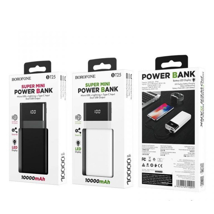 Pin Sạc Dự Phòng BOROFONE BT25 10000mah, 2 cổng ra USB 2A, 2 cổng vào Micro USB / Type C, Màn hình Led hiện pin