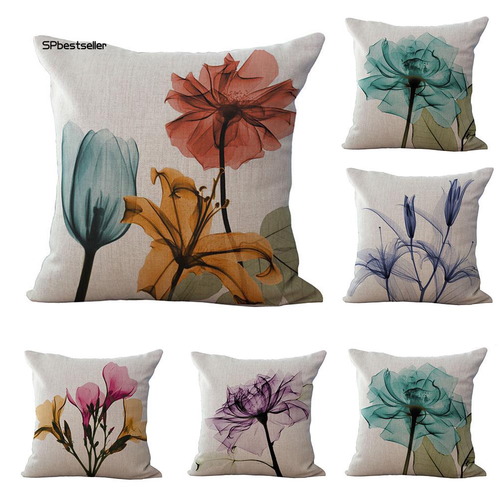 Vỏ gối sofa vải lanh trang trí họa tiết hoa hiện đại