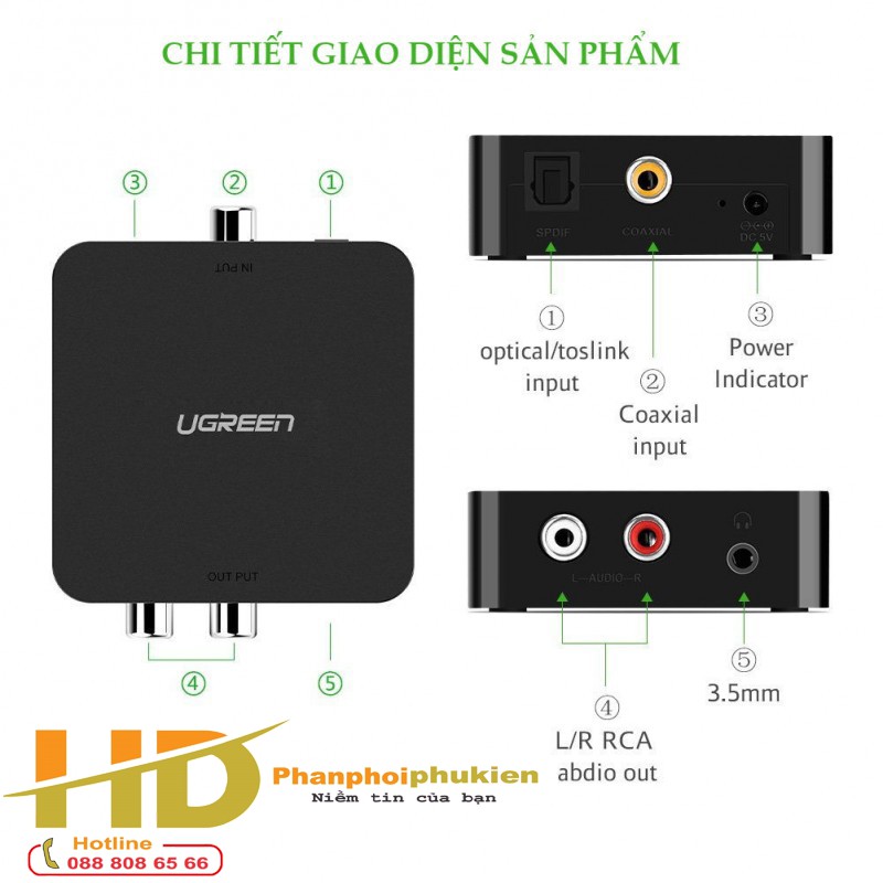 [Mã ELHACE giảm 4% đơn 300K] Bộ chuyển đổi quang, optical + Coaxial to RCA Ugreen UG-30910