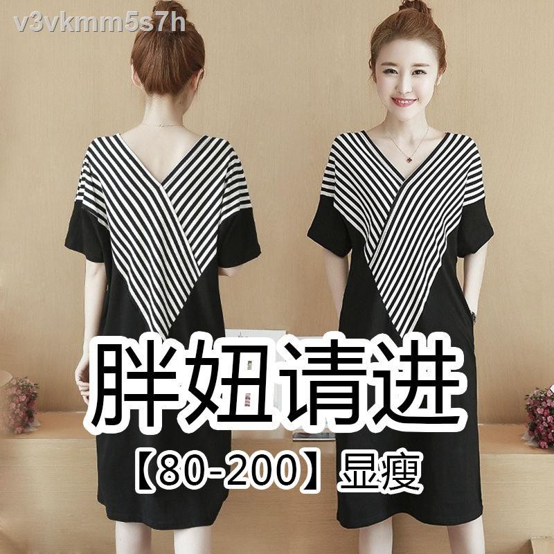 Korean style dress 200 kg fat sister new women s spring and summer loose mid-length short-sleeved T-shirt skirt was thin | BigBuy360 - bigbuy360.vn