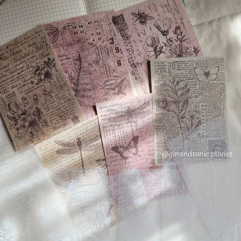 Set 12 tấm giấy nền văn bản cổ điển mix 2 loại giấy dùng trang trí bullet journal - ginandtonic