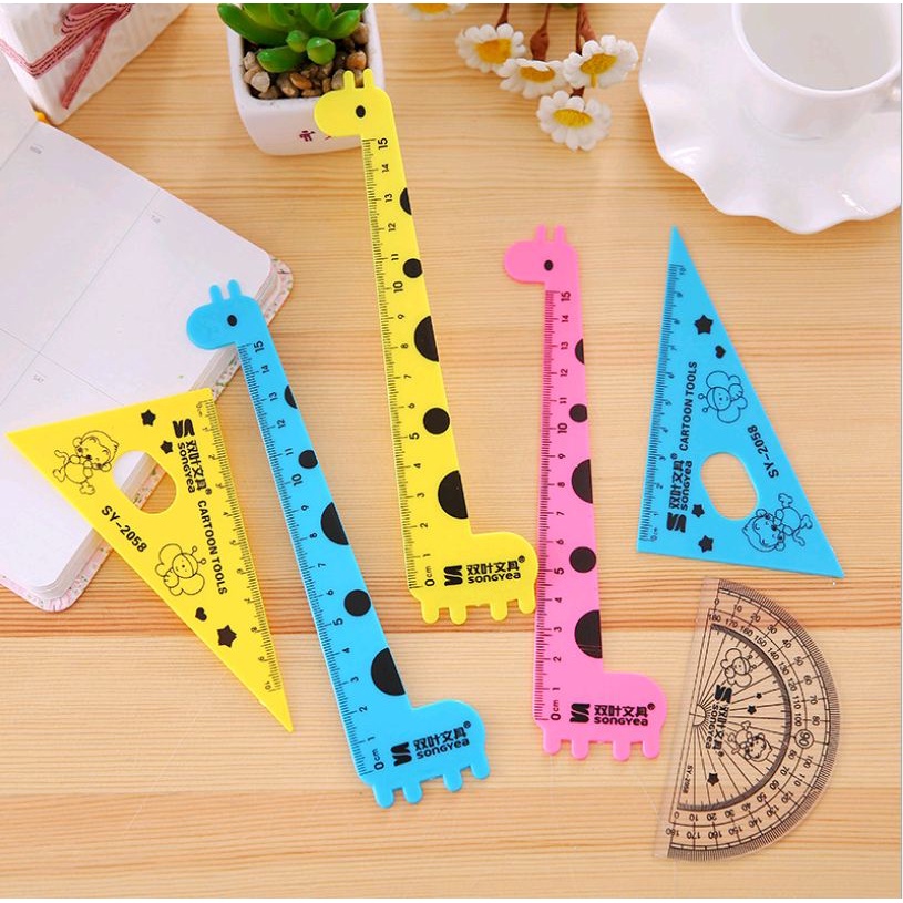 Bộ thước kẻ Eke Đo độ 4 món hoạ tiết động vật dễ thương set dụng cụ vẽ hình học - TÚI 4 THƯỚC KẺ HOẠT HÌNH