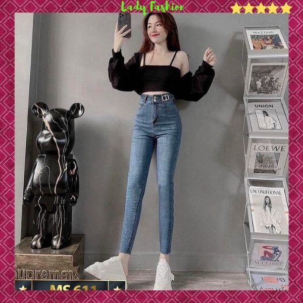 Quần Jean Nữ co giãn màu xanh hack dáng siêu xinh, Quần bò nữ cạp cao phối lưng kiểu thời trang Lady Fashion - MQ611
