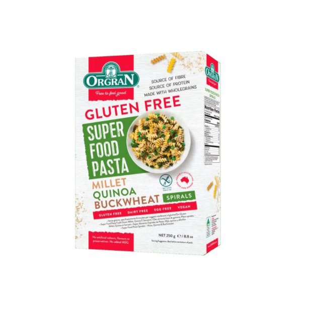 ORGRAN GLUTEN FREE SUPER FOOD PASTA MILLET QUINOA BUCKWHEAT SPIRALS 250g