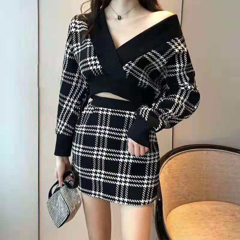 Set áo và váy dệt kim phong cách đường phố thời trang mùa thu cho nữ
