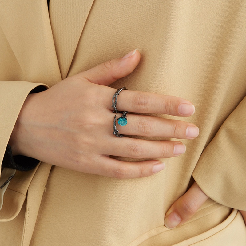 Set 2 Nhẫn Có Thể Điều Chỉnh Hình Hoa Hồng Xanh Phong Cách Gothic Dành Cho Cặp Đôi