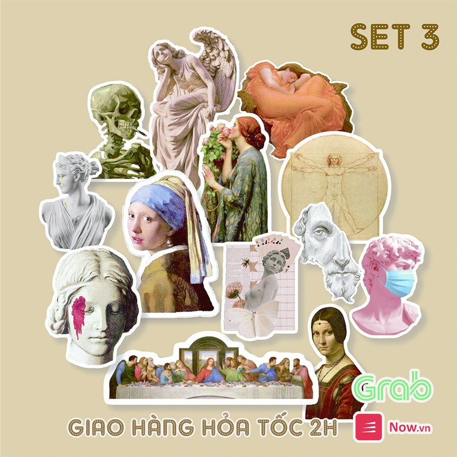 Bộ sticker chống thấm nước trang trí mũ bảo hiểm, laptop chủ đề hội họa cổ điển phong cách vintage classic tranh đêm đầy
