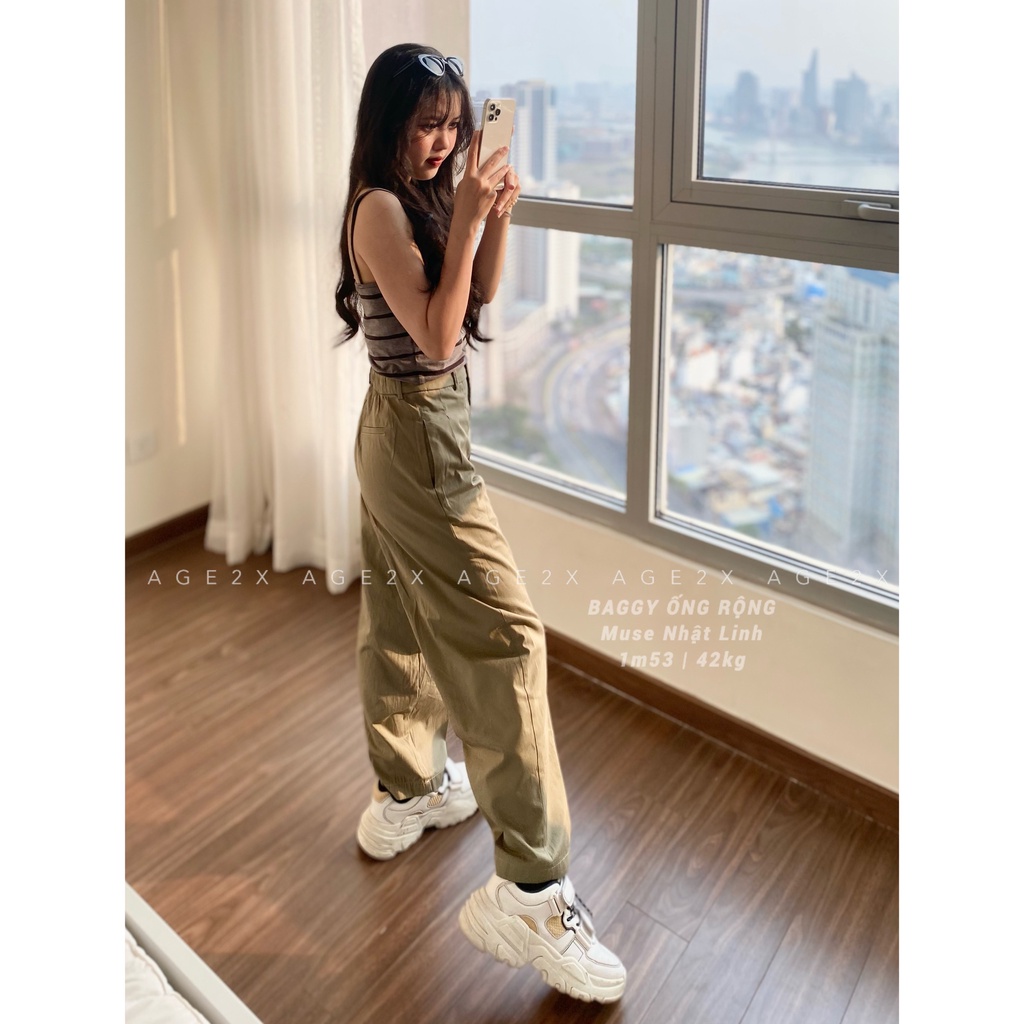 Quần ống rộng suông nữ lưng cao vải kaki cotton thời trang chính hãng AGE2X