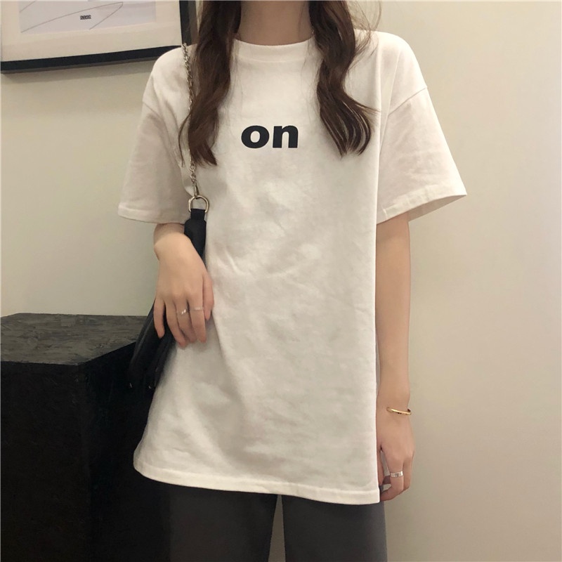 Áo Thun Nữ Ngắn Tay Cổ Tròn In Chữ Phong Cách Hàn Quốc