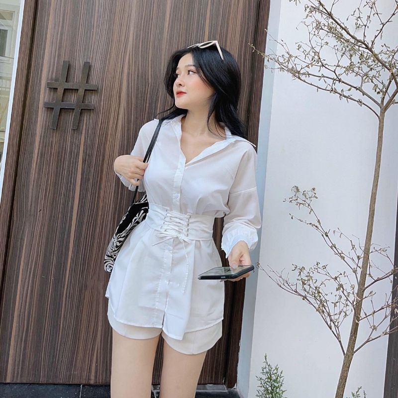 áo sơ mi nữ dài tay form rộng dáng dài kèm đai siêu hot | BigBuy360 - bigbuy360.vn