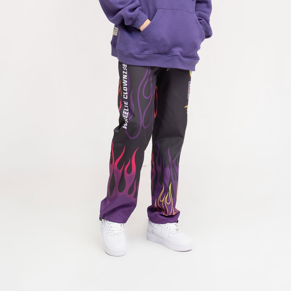 Quần gió cạp chun local brand unisex Clownz Racing Flames Wind form rộng