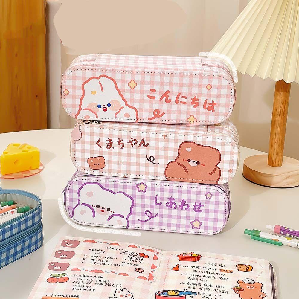 Túi Đựng Bút Sức Chứa Lớn In Họa Tiết Kẻ Ô Dễ Thương Cho Bé Ốp