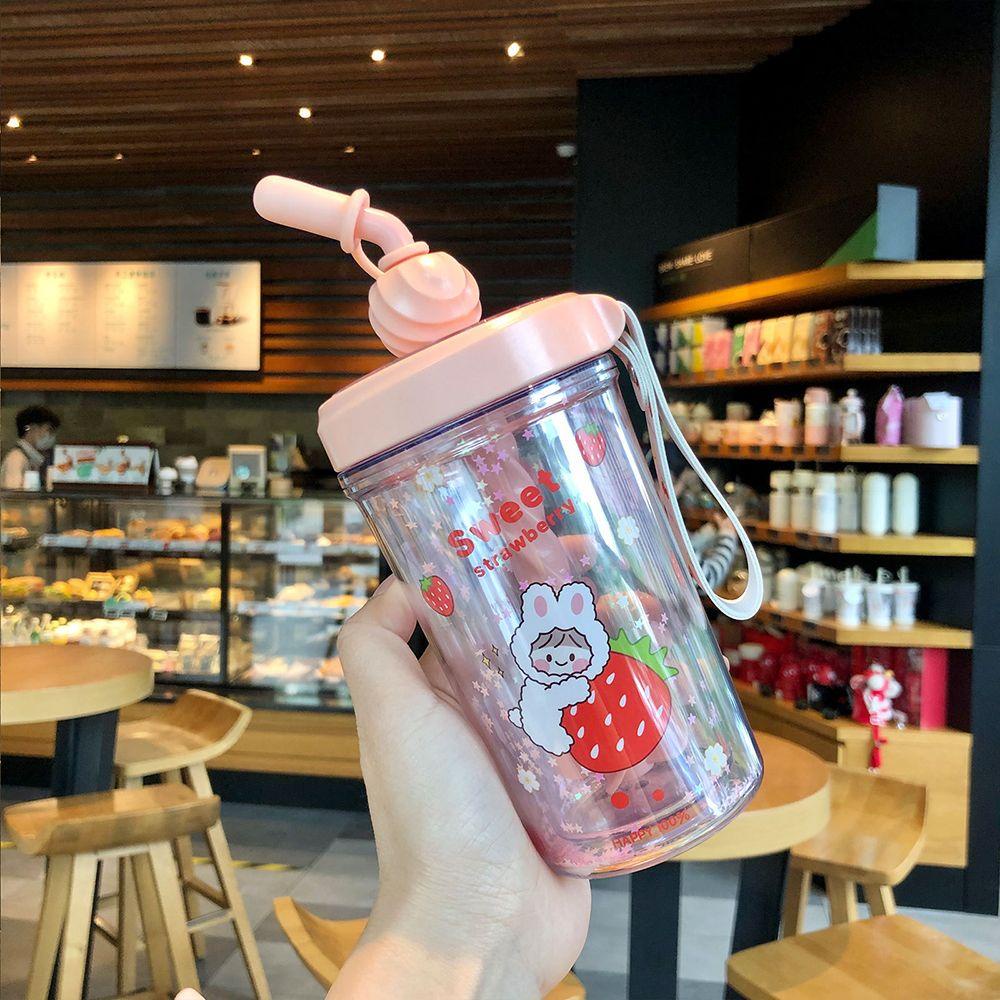 KUNHEV Cốc Nhựa Uống Nước Chống Bụi Có Ống Hút In Hoa Mẫu Đơn Dễ Thương Sáng Tạo