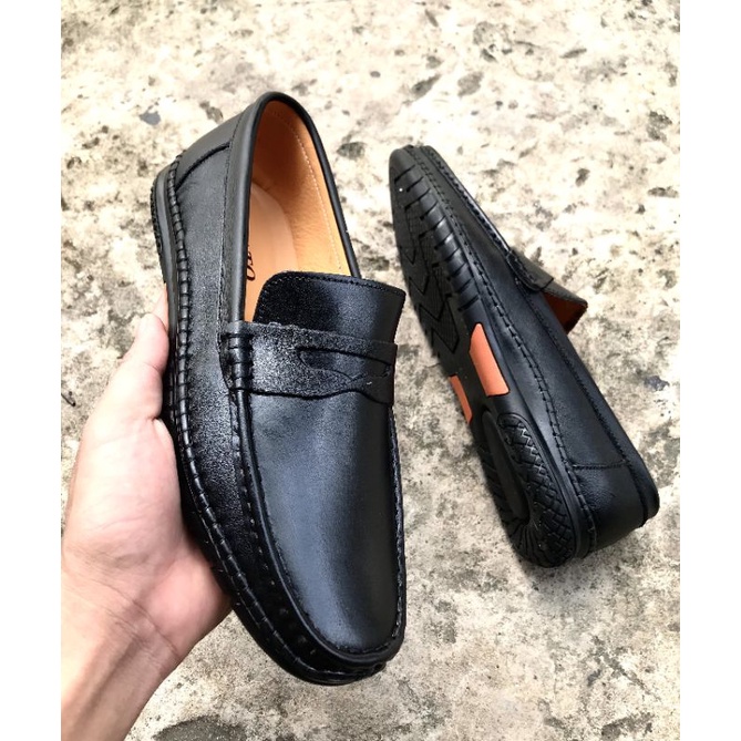 Giày mọi nam da bò nguyên tấm, đế cao su mềm, mã M01,màu đen, mẫu mới nhất hiện nay