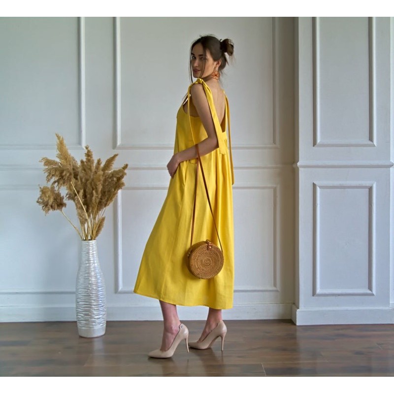 Đầm Linen Hai Dây Bảng Lớn