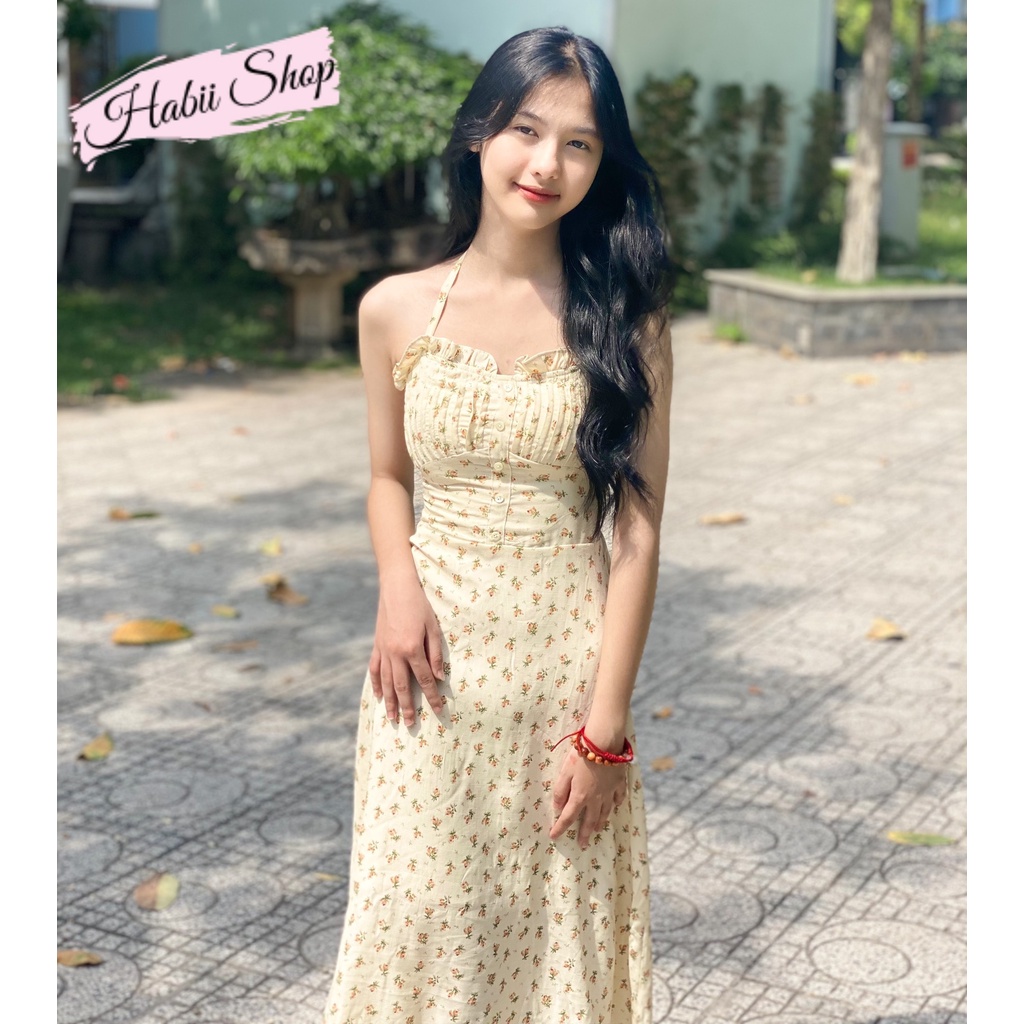 Set váy hoa nhí cổ yếm dáng dài kèm áo khoác cardigan croptop Ulzzang HABII V02