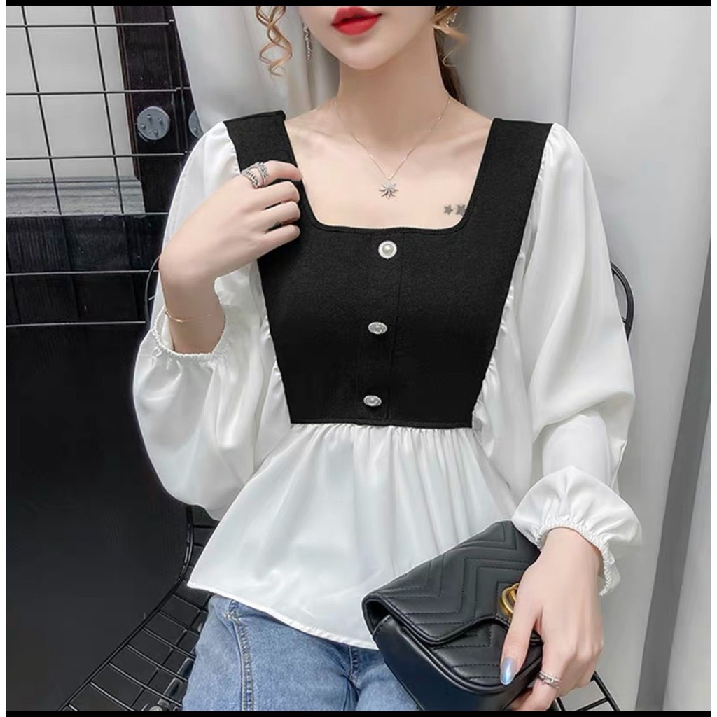 Áo Sơ Mi Cổ Vuông Phối Len Bèo Trắng Babydoll Đi Chơi, Áo Bánh Bèo Tay Phồng Nữ Tiểu Thư