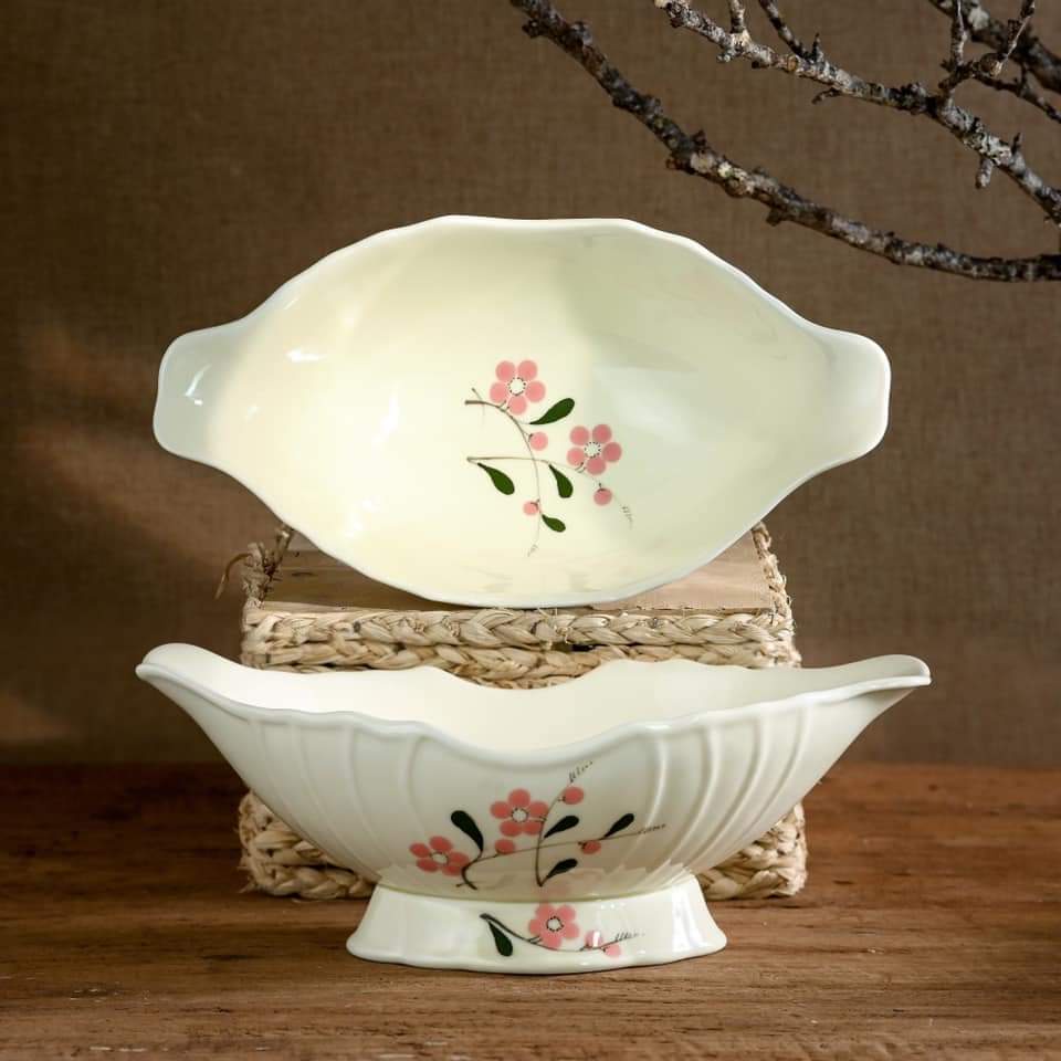 Bộ bát đĩa hoa mặt trời hoạ tiết Đào hồng Gốm sứ Bát tràng cao cấp, Thuyền ngự gà đào hồng sz chuẩn dk 45cm