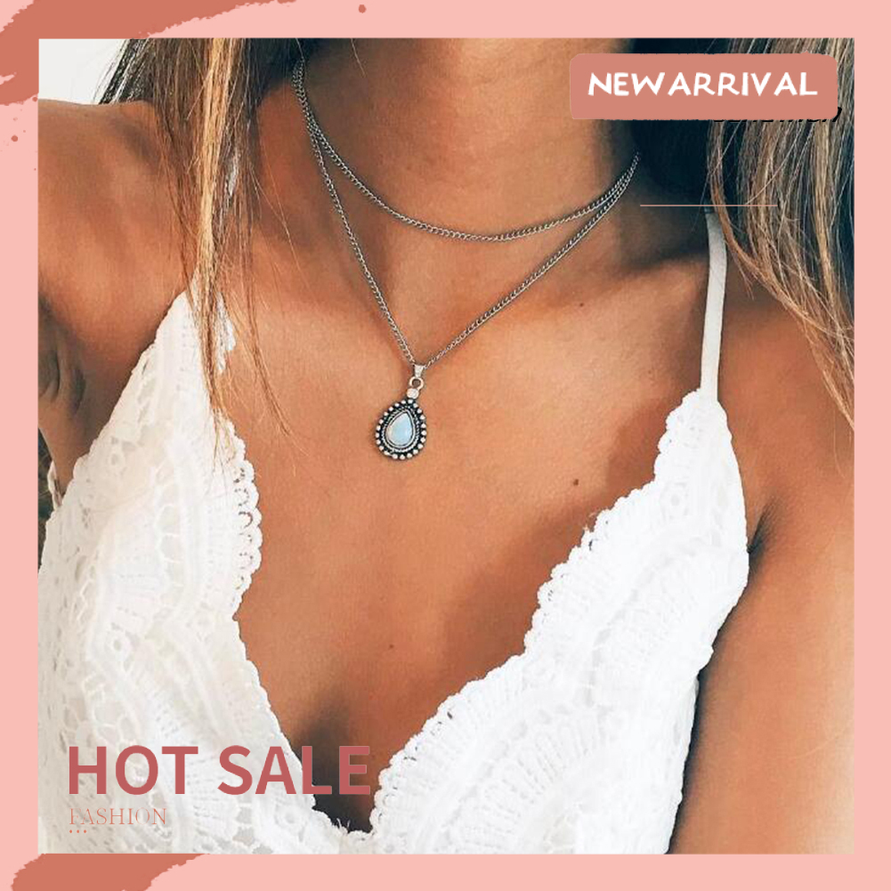 Vòng Cổ Choker Hai Lớp Mặt Đá Opal Hình Giọt Nước Cổ Điển