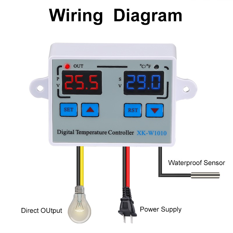 W1010 Bộ điều chỉnh nhiệt độ kỹ thuật số độ C Fahrenheit Bộ điều khiển nhiệt độ cho máy ấp trứng Đèn LED chuyển tiếp 10A Máy làm nóng Máy làm mát Đầu ra Trực tiếp