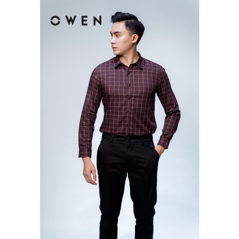 OWEN - Áo sơ mi dài tay Owen Slimfit chất sợi tre kẻ ca rô màu nâu 61012