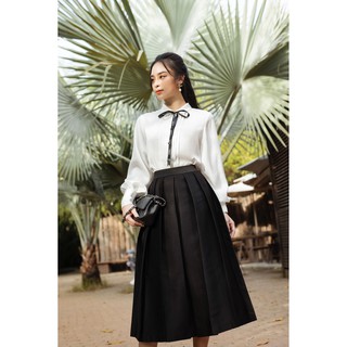 Chân váy taffeta đen xếp ly dáng dài -HBZ336