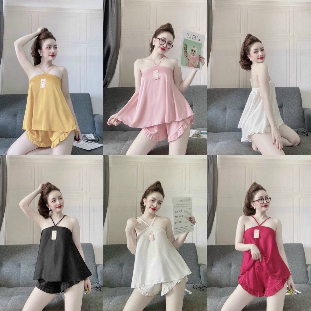🍡Đồ mặc nhà lụa satin cao cấp 🍡 Set yếm tiểu thư sang chảnh 🍡 | BigBuy360 - bigbuy360.vn