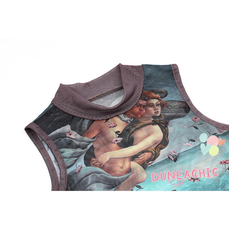 DUNEA Áo Tank Top Cổ Tròn In Họa Tiết Nghệ Thuật Phong Cách Đường Phố Cho Nữ