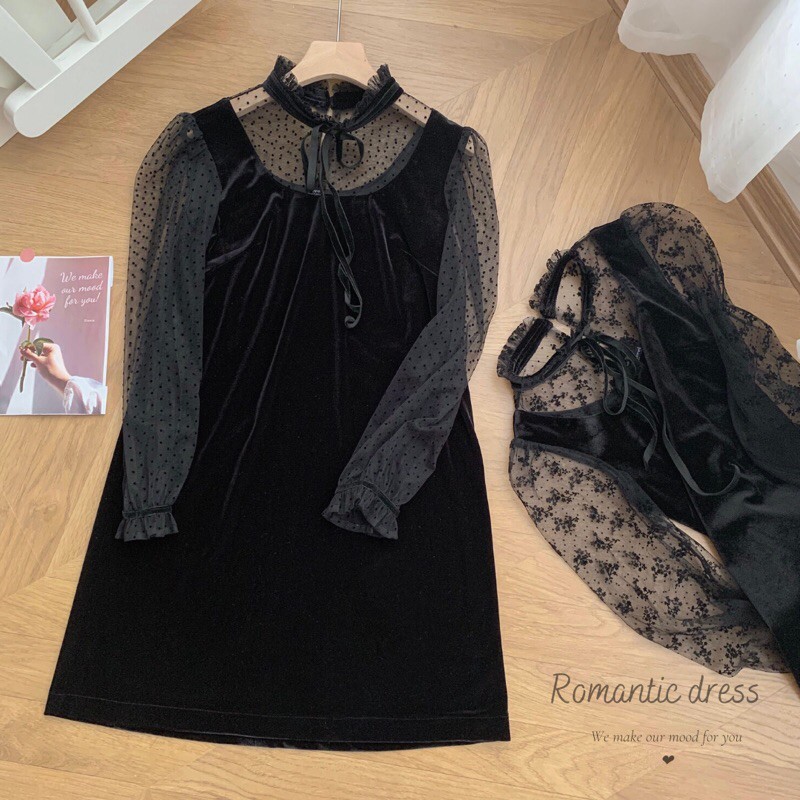 Váy xuông nhung cổ xếp nơ/Holiday item