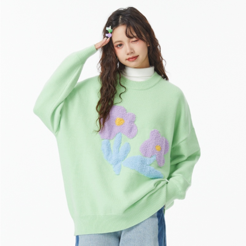 Áo sweater IELGY dệt kim cổ tròn in hoa phối màu tương phản dễ thương cho nữ