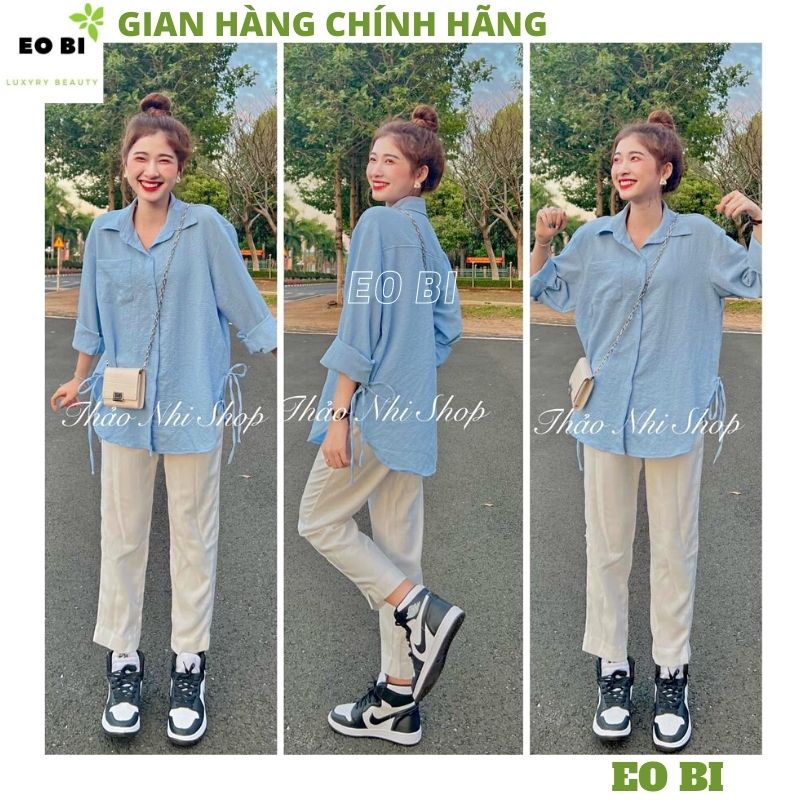 Set Áo sơ mi nữ xanh ngọc rút eo  kèm quần tây vải ống suông mầu trắng cực xinh thanh lịch ulzzang -EOBI | BigBuy360 - bigbuy360.vn