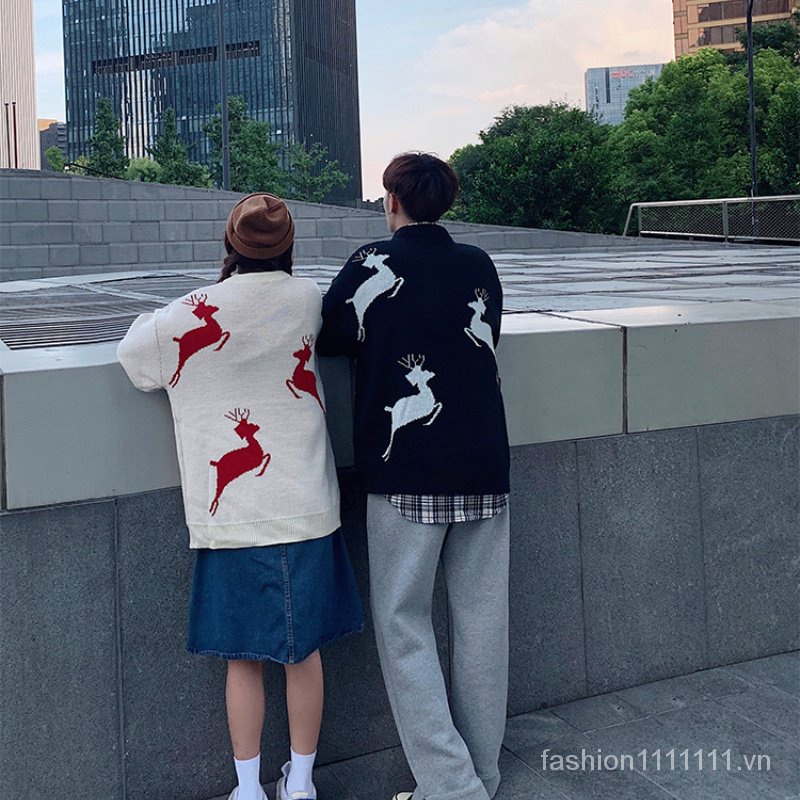 Áo Sweater Dệt Kim Chui Đầu Cổ Tròn Dáng Rộng In Hình Tuần Lộc Giáng Sinh Thời Trang Mùa Đông Cho Cặp Đôi (M-2Xl)