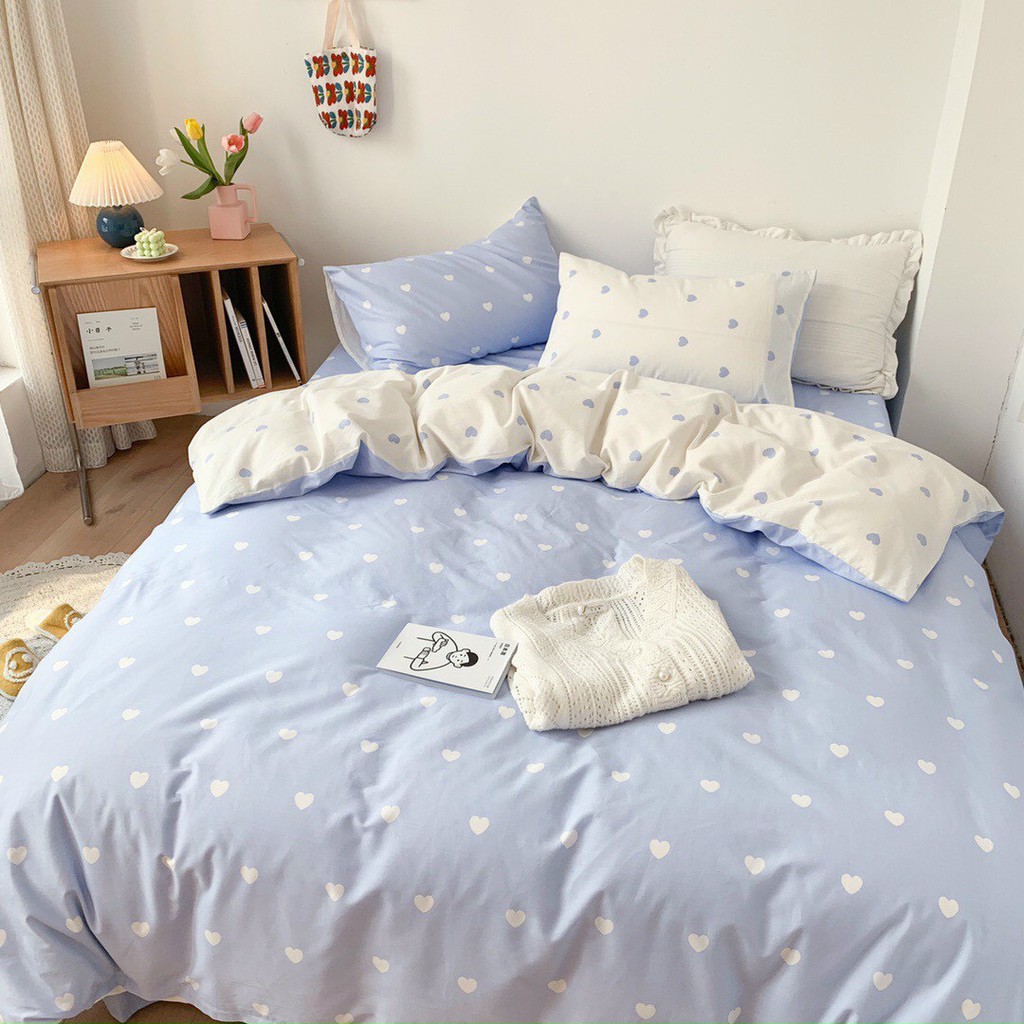 Bộ chăn ga và vỏ gối Cotton Poly Minh Nhật tim nhí xanh trắng - Hàng nhập khẩu cao cấp