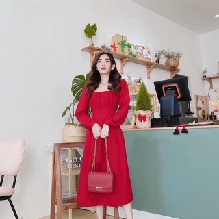 Đầm váy freesize đỏ nhúng ngực tay dài