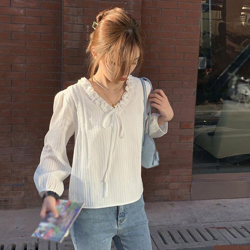 Áo sơ mi nữ tay dài cổ chữ V màu sắc ngọt ngào