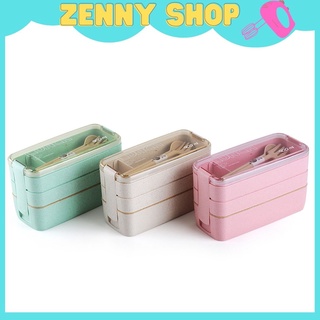 Hộp cơm văn phòng lúa mạch 3 tầng kèm đũa thìa cao cấp 900ml zennyshop - Z15