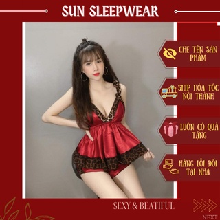 Bộ ngủ sexy 🎀𝑮𝑰𝑨́ 𝑿𝑼̛𝑶̛̉𝑵𝑮 🎀 set đồ ngủ sexy phi lụa phối beo có mút ngực <60kg- sun shop