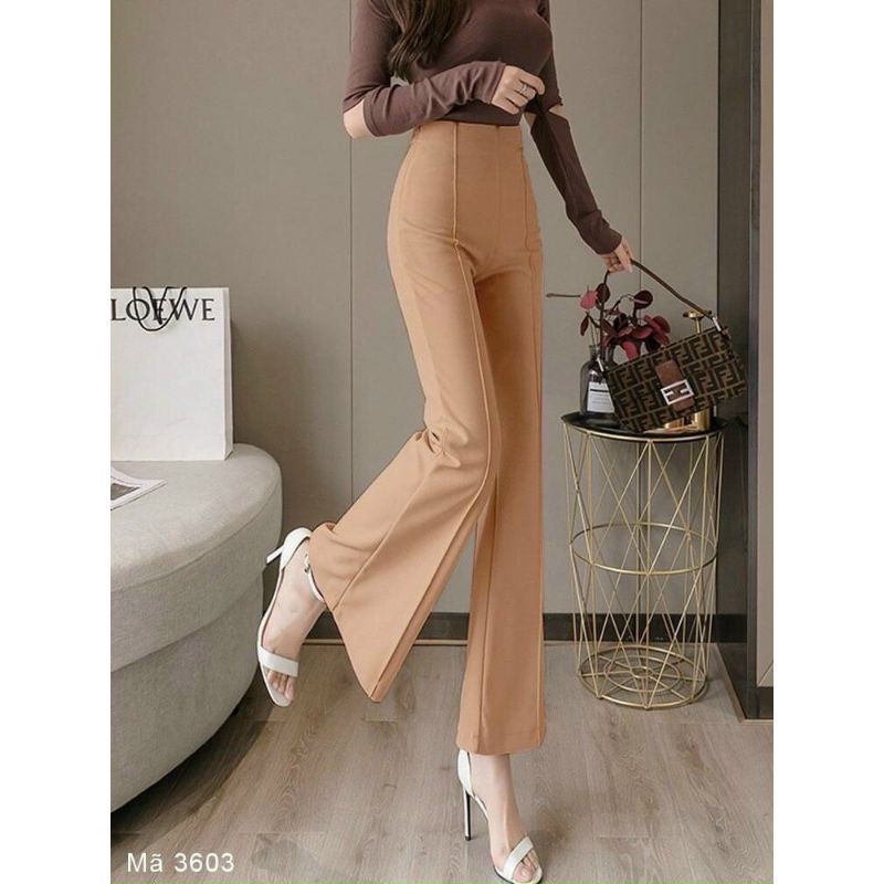 Quần ống loe lưng cao gân trước vải tuyết mưa