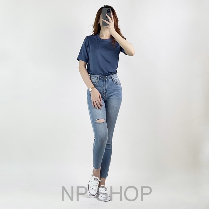 Quần jean nữ lưng cao NP Shop ⚡️ Quần bò nữ 9 tấc dáng ôm cạp cao co giãn kiểu Rách Đùi