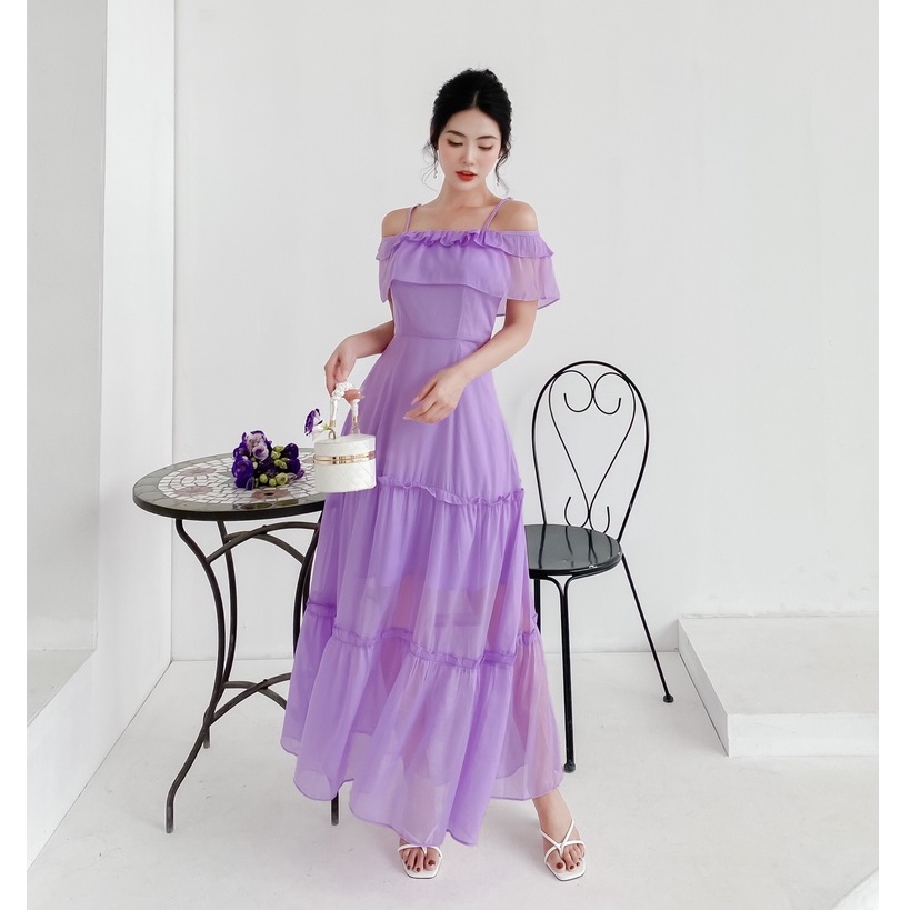 Váy maxi váy hai dây váy trễ vai dáng dài 3 màu tím,xanh,hồng chất tơ óng cao cấp váy đi biển đi du lịch váy suông YAME