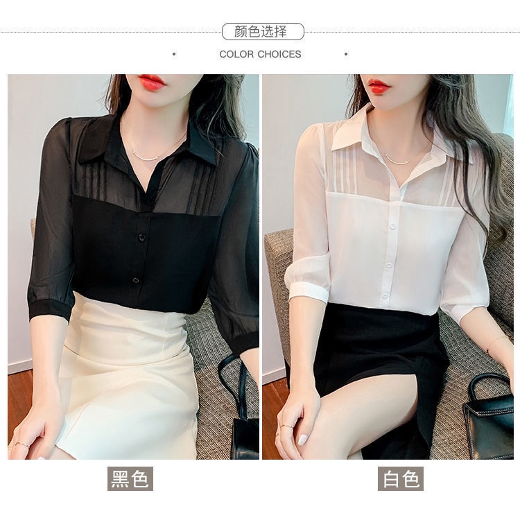 Áo sơ mi satin chiffon ghép nối tay dài 7 tấc màu trắng thời trang xuân hè cho nữ