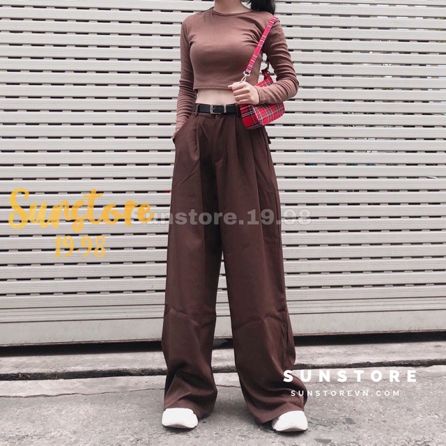 Quần ống rộng suông cài nút và áo croptop form ôm màu nâu ulzzang | BigBuy360 - bigbuy360.vn