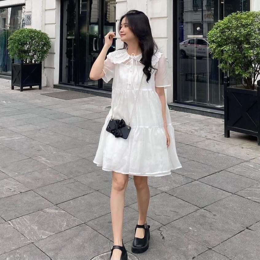 Đầm nữ dự tiệc tiểu thư sang chảnh V8318 váy nữ 2 lớp cộc tay màu trắng cổ bánh bèo ren 3 lá cao cấp đi chơi - CHAKOVET