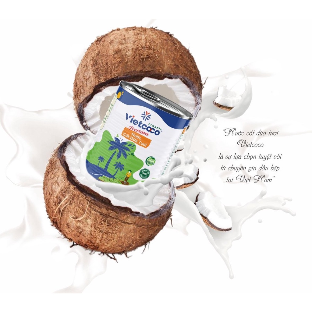 Nước cốt dừa tươi lon Premium Organic Coconut Cream Vietcoco - Lon 400ml nấu chè làm bánh