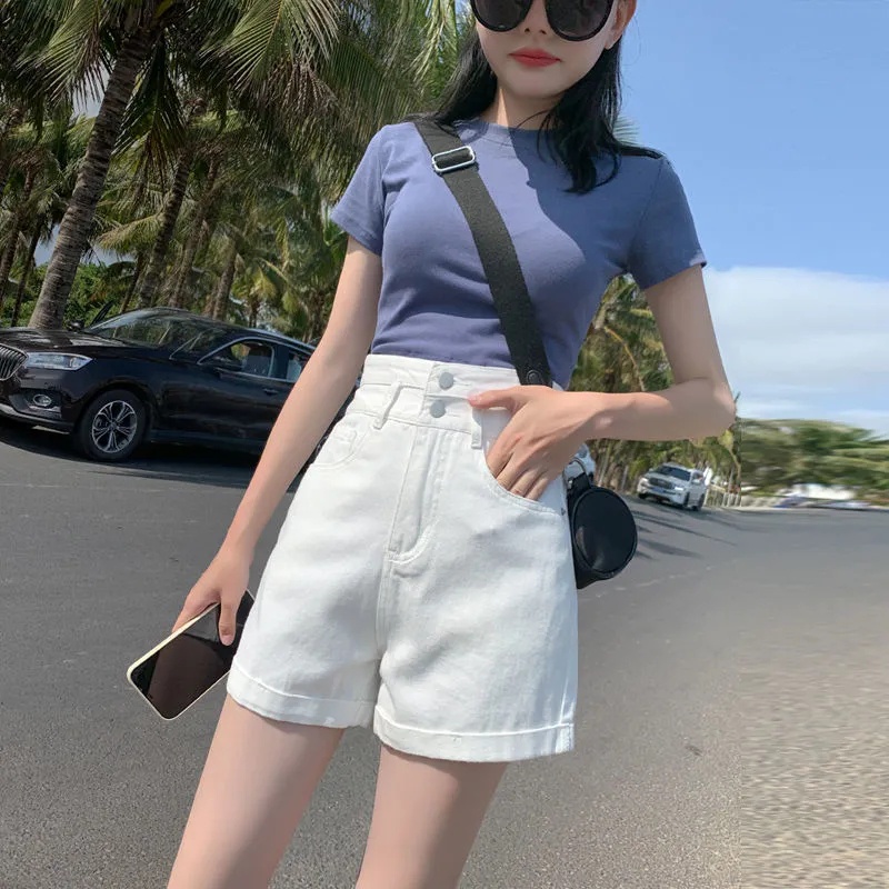 Quần Short Denim Ống Rộng Lưng Cao Thời Trang Hàn Quốc Dành Cho Nữ