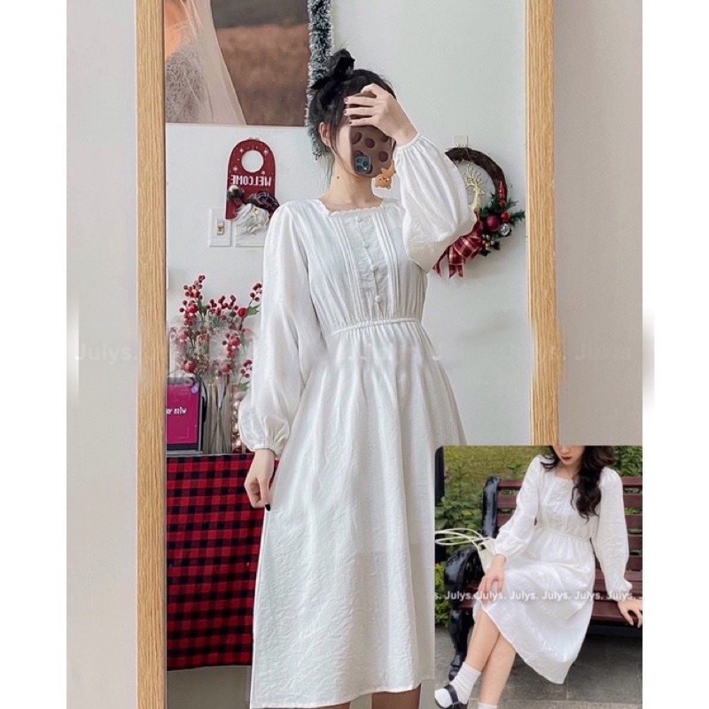 Váy Đầm trắng cổ vuông cúc bọc tiểu thư-kèm ảnh thật